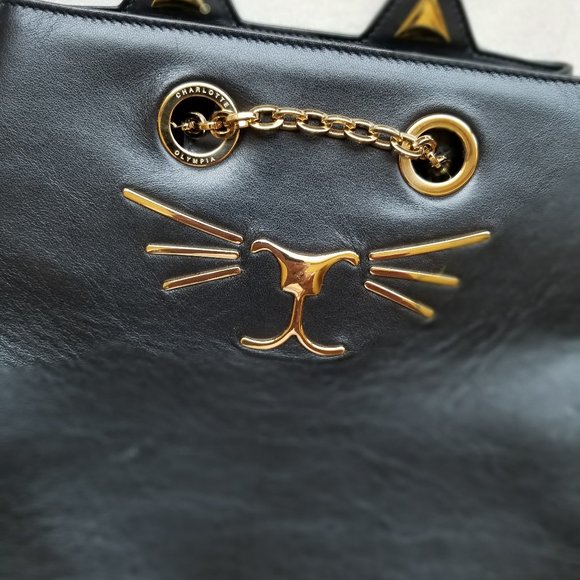 CHARLOTTE OLYMPIA CAT/FELINE BACK PACK/BACKPACK PURSE Black Leather, Gold Metal - Picture 10 of 10